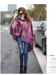 Women's Hooded Poncho Winter Warm Ethnic Print Button Cape Shawl Stylish Outerwear