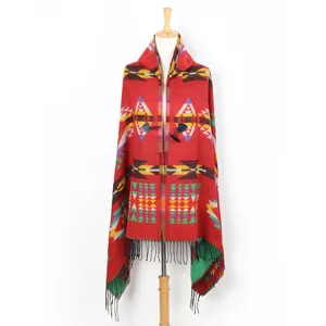 Ethnic style hooded shawl cloak for women, thickened geometric pattern with fringe and buttons.
