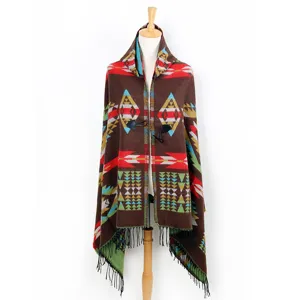 Ethnic geometric hooded cape shawl with buttons and fringe for women warm stylish winter wrap