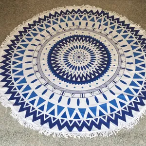 Ronde strandhanddoek mandala yoga mat boho franje ronde deken blauw en wit strandkleed.