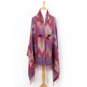 Ethnic style hooded shawl cape for women, thick tassel blanket scarf with toggle button.