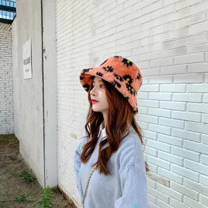 Orange fuzzy bucket hat for women, cute floral winter plush fisherman hat, cozy warm cap.