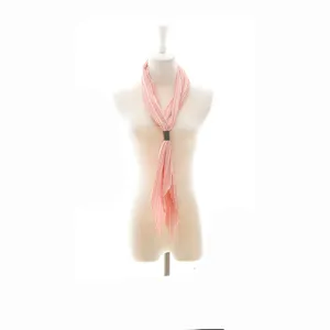 Pink pleated scarf neckerchief detail view, showing delicate striped fabric and metal ring.