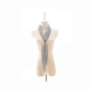 Grey pleated neckerchief with leather buckle, vintage retro scarf for women daily wear.