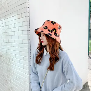 Korean style fuzzy plush bucket hat for women cute daisy print warm winter fisherman cap