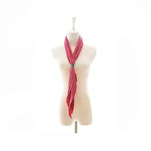 Red pleated neck scarf with leather buckle, elegant retro design for versatile daily wear.