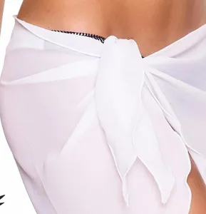 White chiffon beach cover-up skirt, sheer sarong wrap for summer swimwear resort wear.
