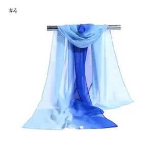 Blue ombre chiffon scarf detail, lightweight translucent summer neck wrap and sun protection.