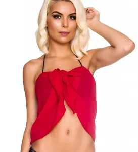 Red chiffon beach cover up sexy halter tie front sarong wrap dress for summer vacation.