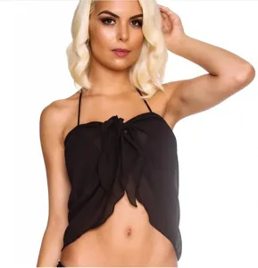 Black chiffon beach cover-up detail, halter neck with front bow tie, lightweight fabric.