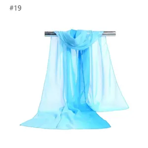 Detail view of light blue gradient chiffon scarf, lightweight summer sun protection neck wrap.