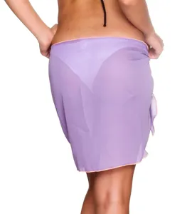 Close-up view of the sheer purple chiffon beach sarong showing lightweight fabric and pink trim.