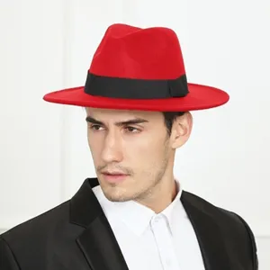 Men's Classic Red Fedora Hat Wool Felt Jazz Cap with Black Band Wide Brim British Style