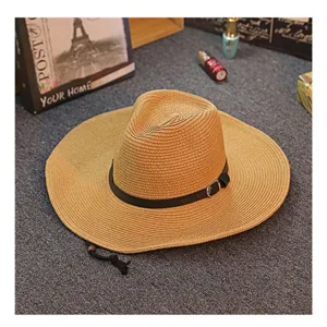 Men's wide-brim straw sun hat with leather strap and windproof rope for summer beach outdoor.