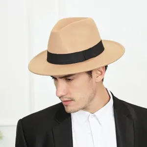 Mens Fedora Hat Vintage Wool Felt Trilby Hat Wide Brim Gentleman Panama Hat Business Casual Sun Hat For Autumn Winter