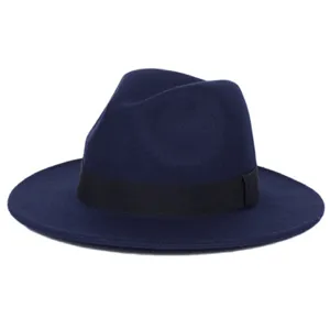 Men's dark blue fedora hat with black ribbon band, wide brim classic British jazz gentleman hat.