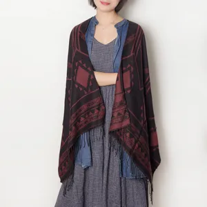 Autumn winter women casual geometric fringe shawl cloak stylish cozy warm wrap scarf outerwear