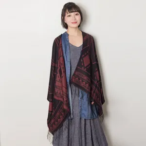 Women fashion geometric pattern tassel split cape shawl autumn winter warm casual wrap scarf