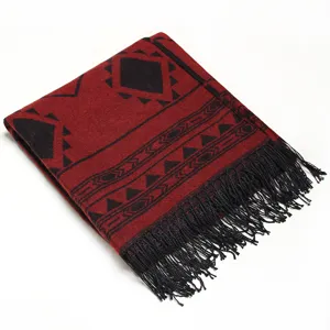 Autumn winter vintage geometric print fringe scarf shawl warm versatile cape for women.