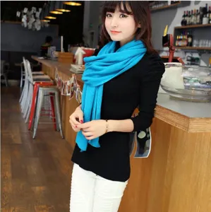 Detail view of women's autumn winter solid color imitation cashmere blue scarf shawl.