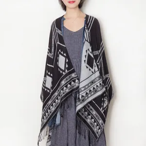 Women winter geometric pattern knitted cape shawl with fringe stylish casual warm outerwear