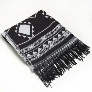 Black grey geometric pattern tassel scarf shawl winter cozy warm fashion women clothing accessory