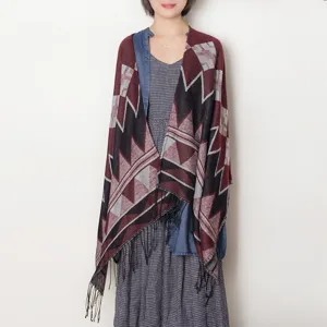 Winter women geometric pattern fringe shawl cape versatile warm outerwear fashion stylish