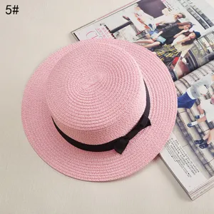 Pink flat top straw hat for women summer sun protection wide brim beach sunhat with black bow