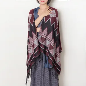 Women winter geometric pattern fringe shawl cape cozy warm knitted wrap scarf outerwear