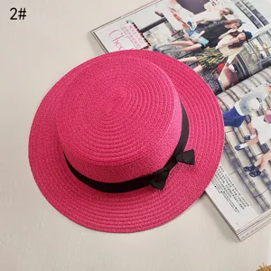 Stylish women pink wide brim straw hat summer sun protection boater hat with black ribbon