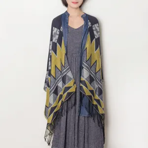 Women tribal geometric pattern tassel cape scarf, cozy warm autumn winter wrap shawl.