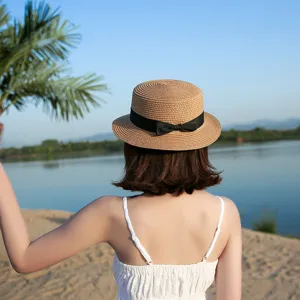 Women wide brim straw hat summer sun protection stylish black ribbon bow beach sunhat