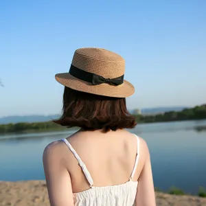 Women's wide brim straw hat summer sun protection beach hat with black bow ribbon chic