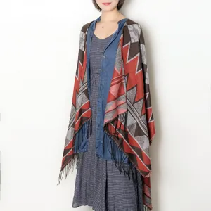 Women autumn winter geometric pattern fringe shawl cape cozy warm stylish wrap poncho top