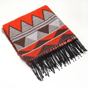 Autumn winter geometric pattern fringed shawl scarf versatile warm blanket cape for women.