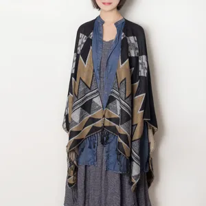 Women winter geometric pattern fringe shawl poncho cozy casual knitted cape wrap