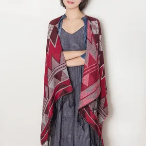 Women's geometric fringe shawl winter warm poncho wrap stylish tassel cape vintage scarf