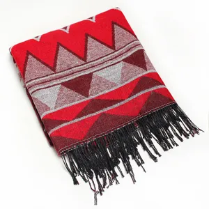 Geometric pattern knit tassel scarf shawl, cozy winter warmth accessory in red and grey.