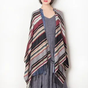 Women's winter fringe geometric pattern cloak versatile tassel shawl warm outerwear blanket cape