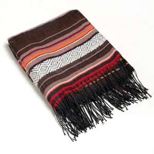 Autumn winter geometric pattern tassel scarf shawl, cozy warm thick blanket wrap for women.