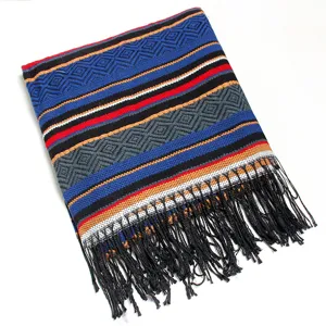 Detailed view of a cozy ethnic geometric patterned fringed shawl scarf for women.