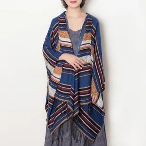 Fall winter women ethnic geometric striped tassel poncho shawl cape casual warm versatile wrap coat.