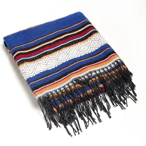 Detailed view of the woven tassel scarf with geometric patterns and cozy fabric for winter.