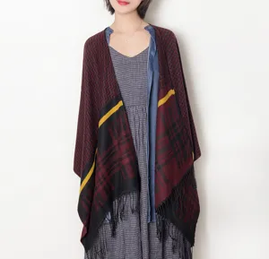 Womens autumn winter tassel fringe cape shawl, cozy stylish plaid outerwear layer cloak.