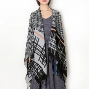 Winter women split cape scarf, black white patterned tassel shawl warm poncho cozy cloak