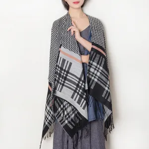 Fall winter women plaid fringe shawl cloak versatile warm thick knitted cape scarf outfit.
