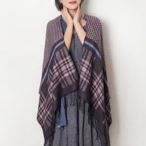 Winter women open front plaid pattern tassel shawl wrap cape elegant warm fashion outerwear