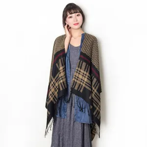 Women's plaid tassel cape scarf autumn winter warm blanket wrap shawl casual outerwear fashion