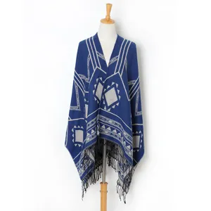 Women Winter Warm Acrylic Tassel Shawl Cape Fashion Geometric Plaid Open Front Poncho Versatile Scarf Blanket Outerwear