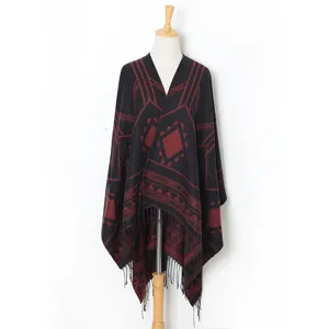 Black red geometric tassel cape shawl for women winter warm blanket poncho outerwear.